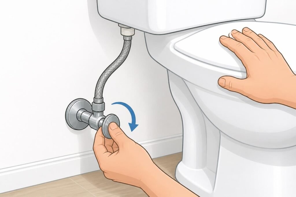 Shut off the water supply line behind the toilet before doing any work.