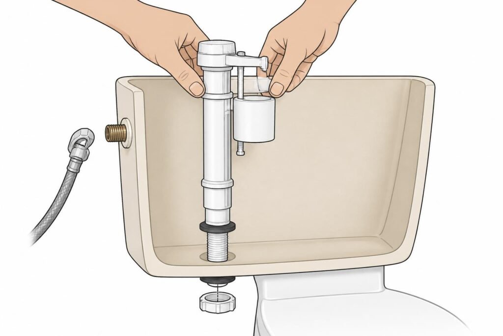 A new fill valve drops into the existing hole and screws on from underneath.